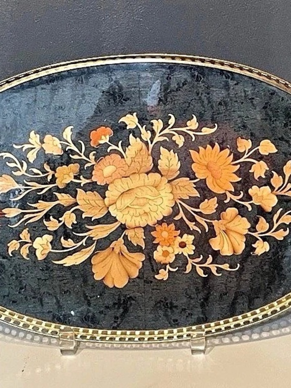 Floral Inlay Oval Serving Tray, Black & Brown